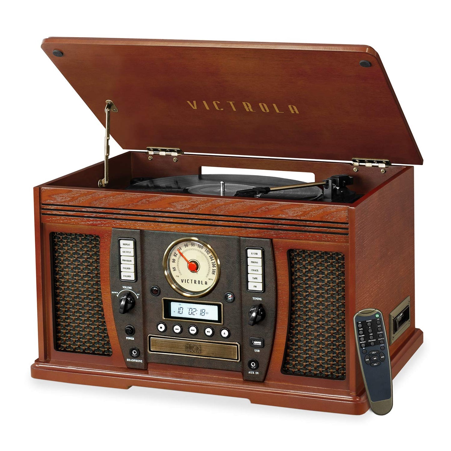 Victrola Aviator 8-in-1 Bluetooth Record Player & Multimedia Center with Built-in Stereo Speakers - 3-Speed Turntable Vinyl to MP3 Recording Wireless Music Streaming Mahogany